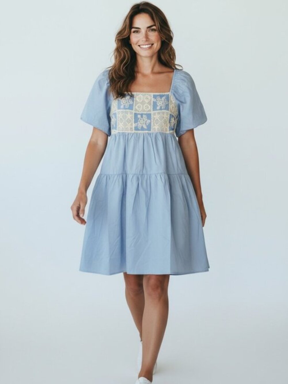 NWT Idem Ditto Sky Blue Embroidered Lace Babydoll Mini Dress – S- MSRP $58